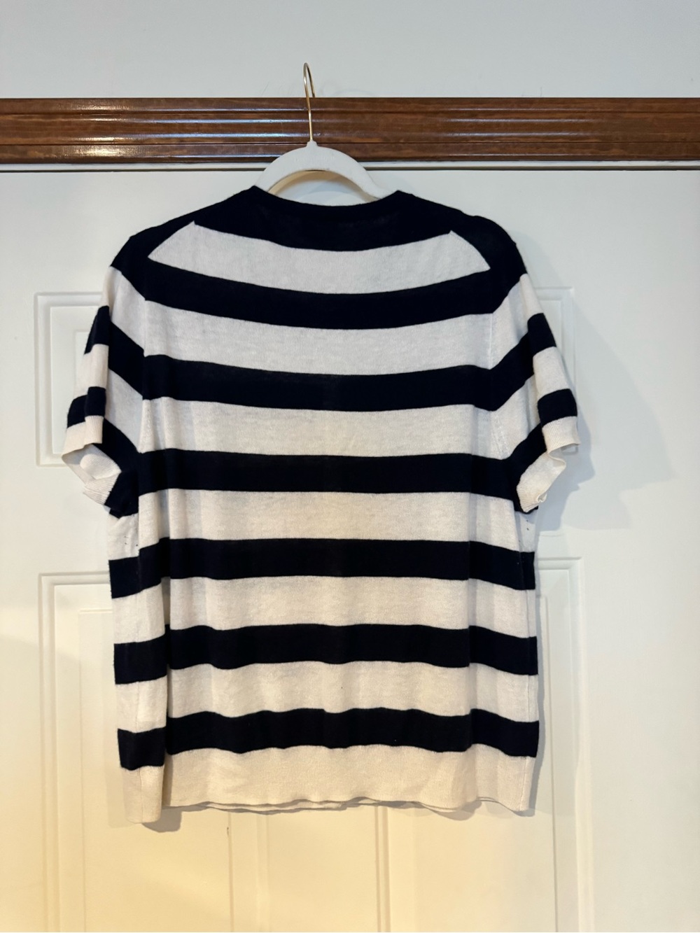 J Crew Cashmere Short-Sleeve Navy and White Striped Cardigan Sweater - Picture 2 of 5